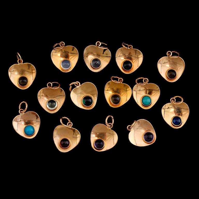 BERLOCKER, 14 st, 18 k guld med olika stenar. Total vikt ca 7 gram.