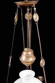 A jugend paraffin lamp, made for ceiling, beginning of the 20th century. Adjustable height ca 115- 140 cm.