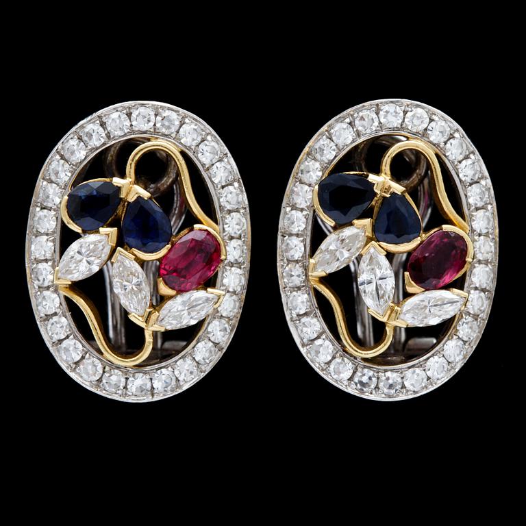 A pair of sapphire, ruby and diamond earrings, tot. app 1.60 cts.