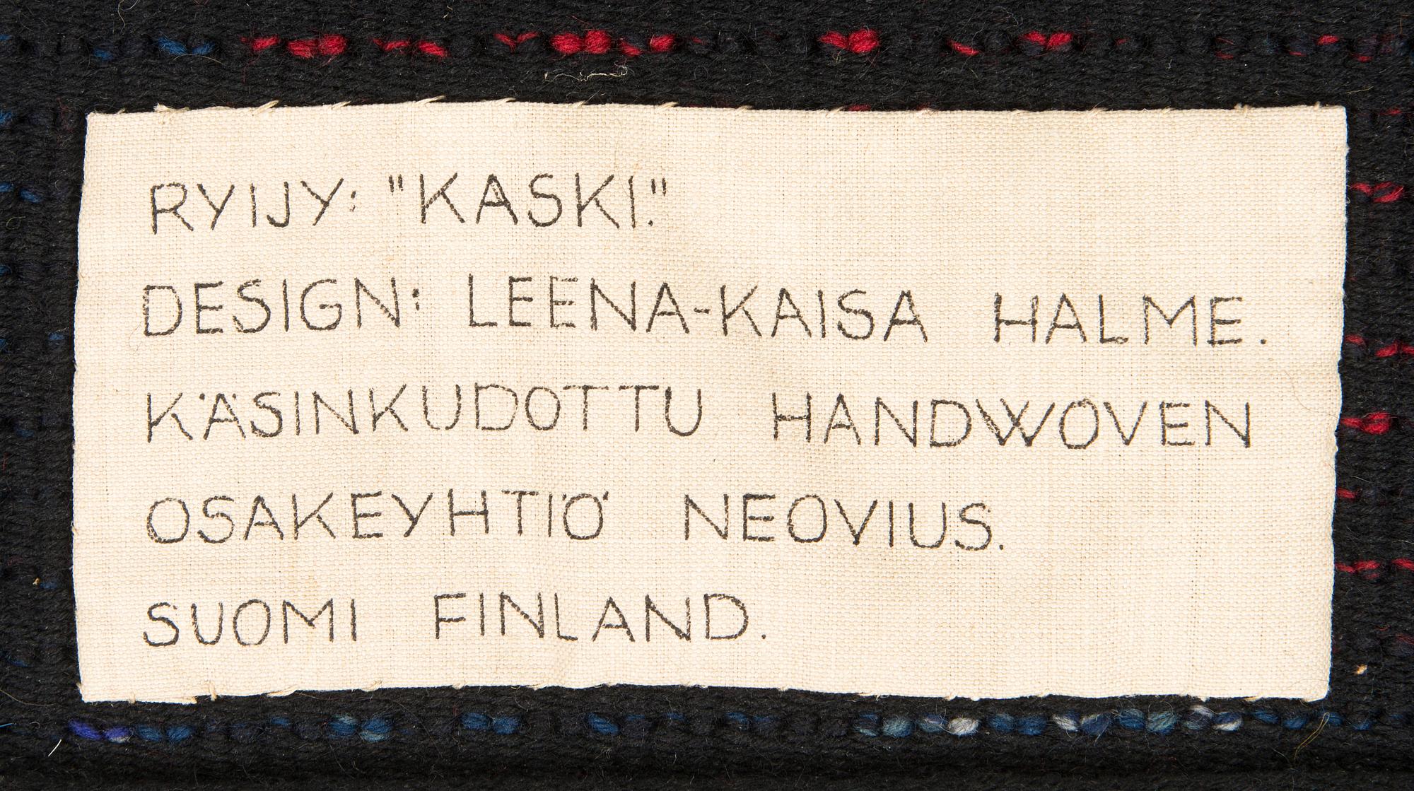 Leena-Kaisa Halme, , ryijy, malli Neovius. Noin 120 x 75 cm.