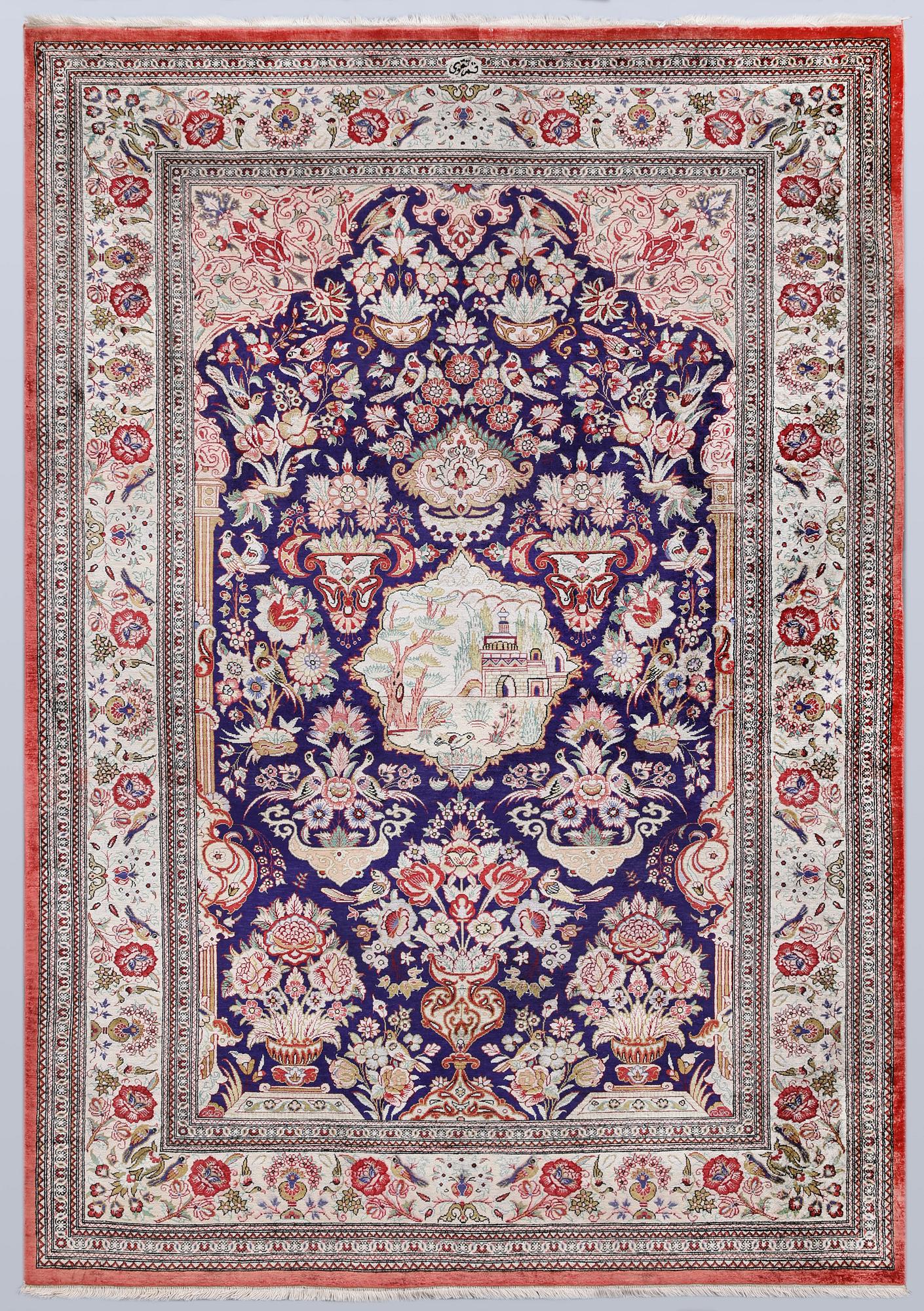 An older silk Ghom rug, 150 x 103 cm.