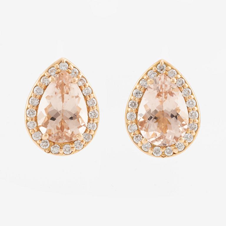 Pear shaped morganite and brilliant cut diamond earrings.