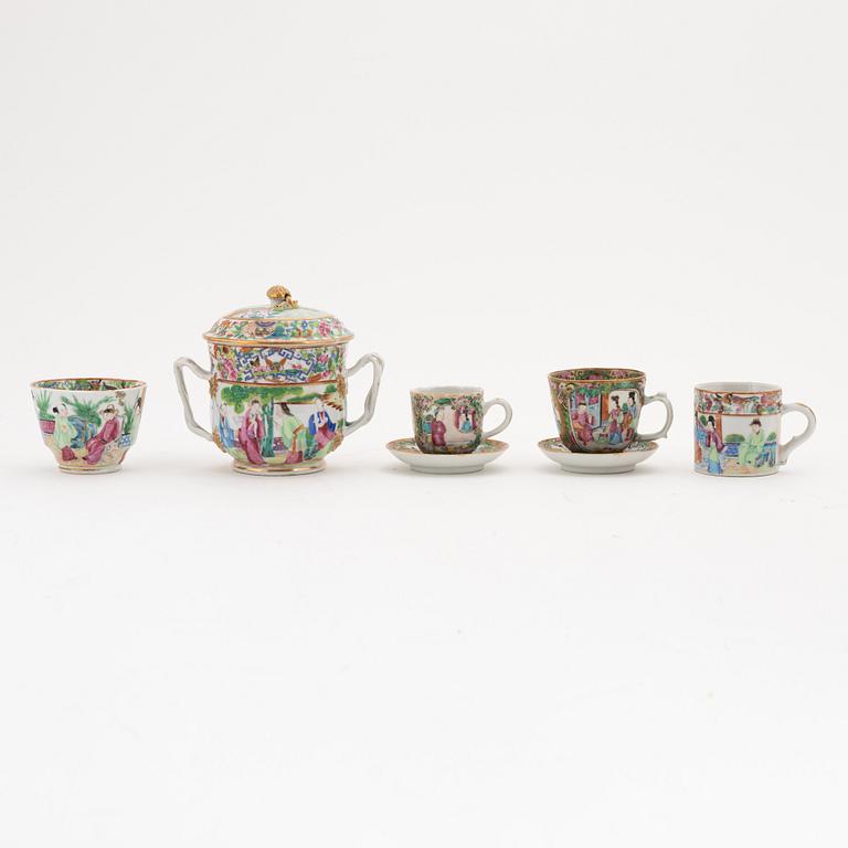 A group of four cups, two saucers and a bowl with cover, Canton, 19th century.