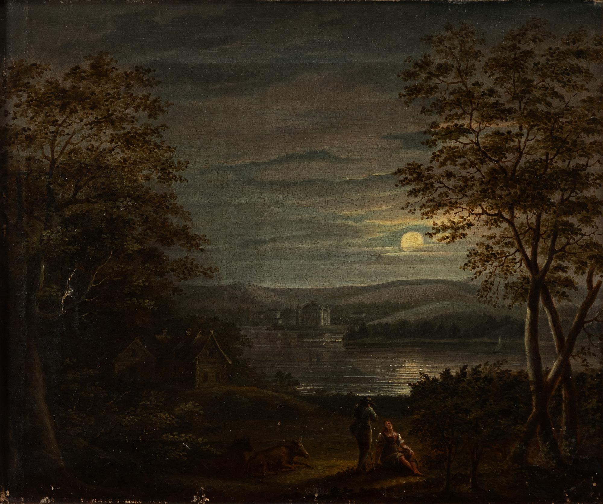 Carl Johan Fahlcrantz, attributed to, Moonlit landscape with figures and a castle.