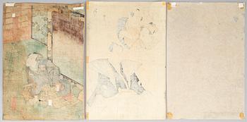 Three coloured woodblock prints, Japan. Utagawa Kunisada and unidentified, 19th century.