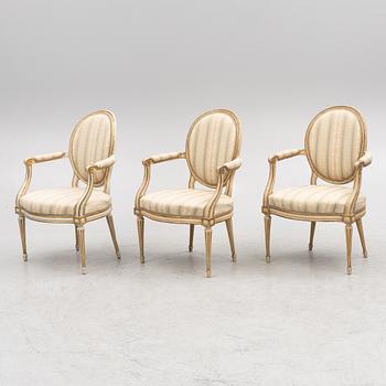 A set of three presumably Danish Louis XVI armchairs, late 18th century.