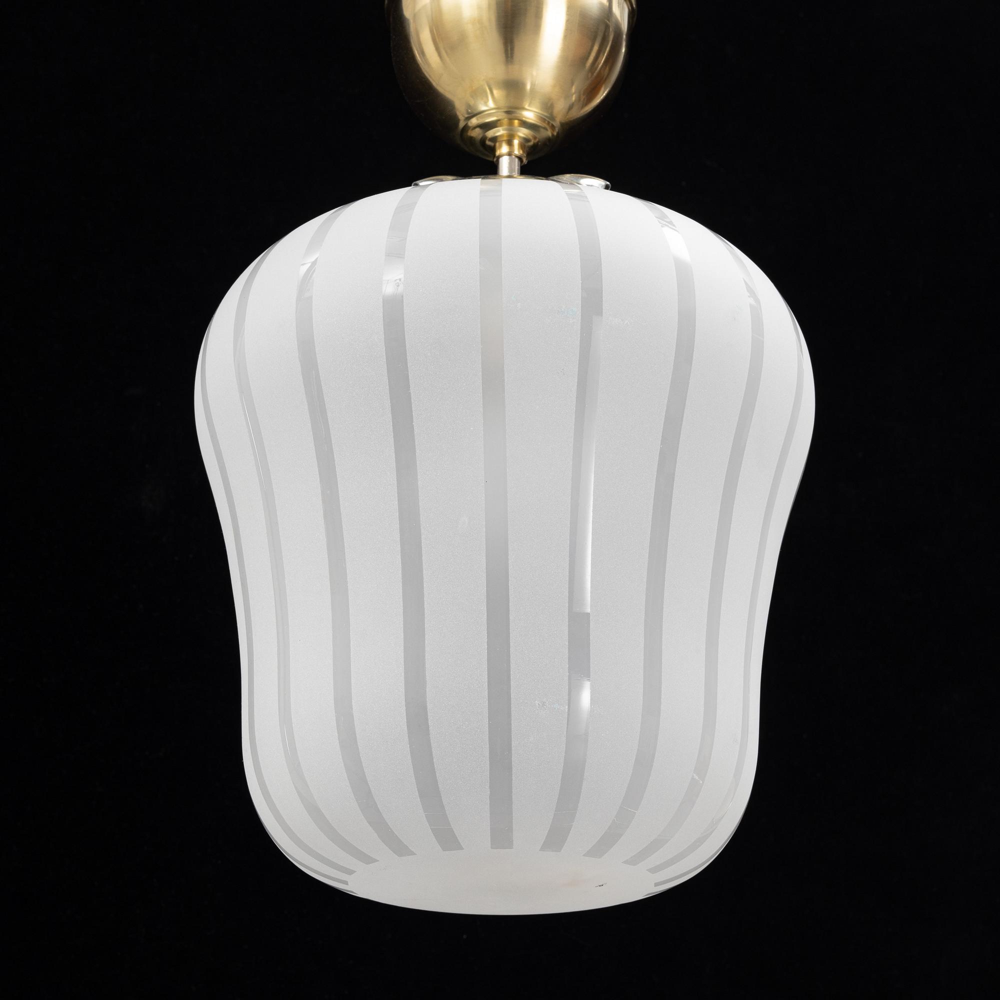 A Swedish Modern glass and brass ceiling light, Orrefors, 1940's.