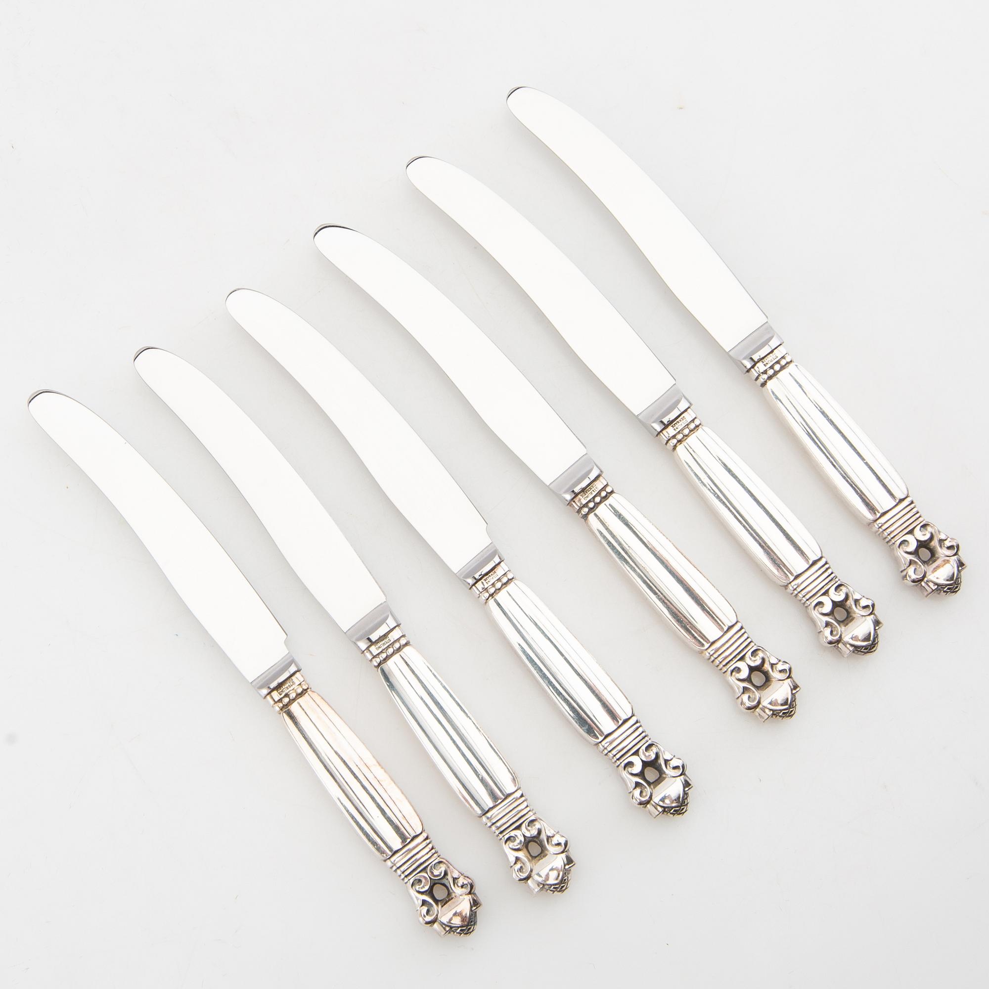 Johan Rohde, fruit knives 12 pcs "Konge/Achorn" sterling silver for Georg Jensen after 1945.