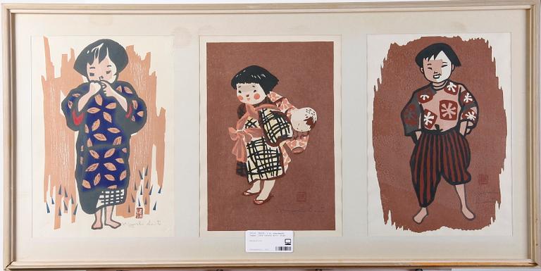 TRYCK, 3 st samramade. Japan, 1900-talets mitt. Sign.