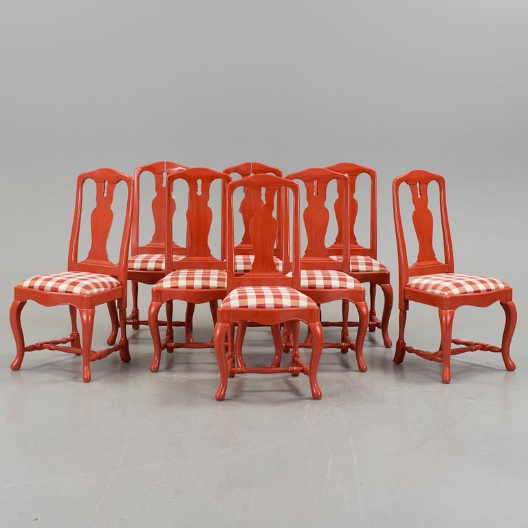 A SET OF EIGHT 1990's 18th CENTURY STYLE RED PAINTED CHAIRS.