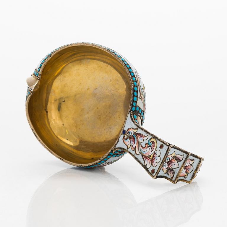 A gilt silver cloisonné enamel kovsh, unidentified Cyrillic maker's mark IGT, Moscow  1898-1914.