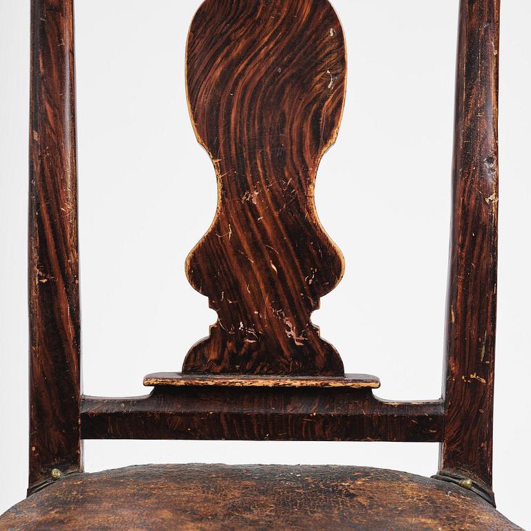 A pair of late baroque faux bois-painted chairs, attributed to M. Meling, 1730/40's.