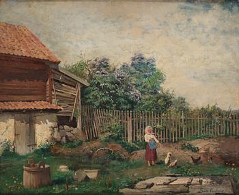 727. Gerda Tirén, Girl Feeding Chickens.