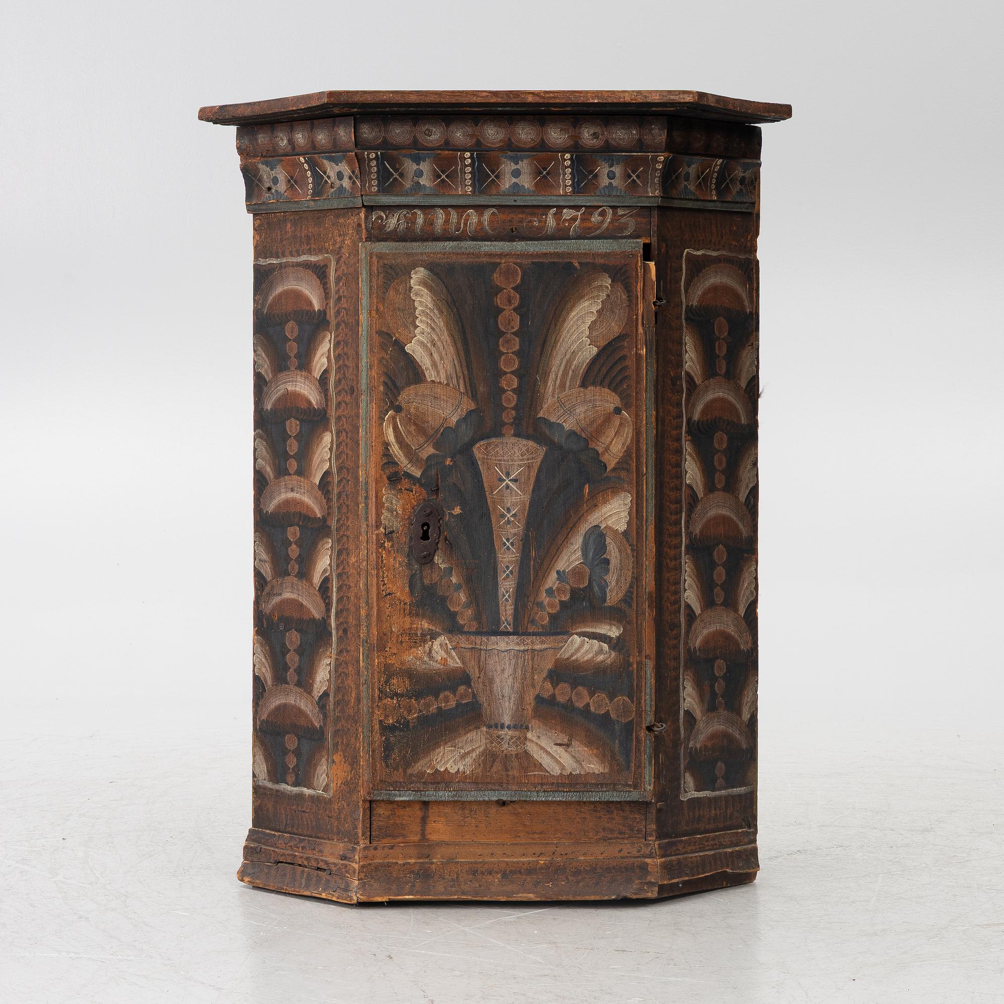 Corner cabinet, folk art, dated 1795.