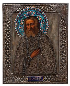 1078. IKON med "Den helige Serafimen", silverinfattning, icke identifierad mästarstämpel S.G., Moskva 1899-1908.
