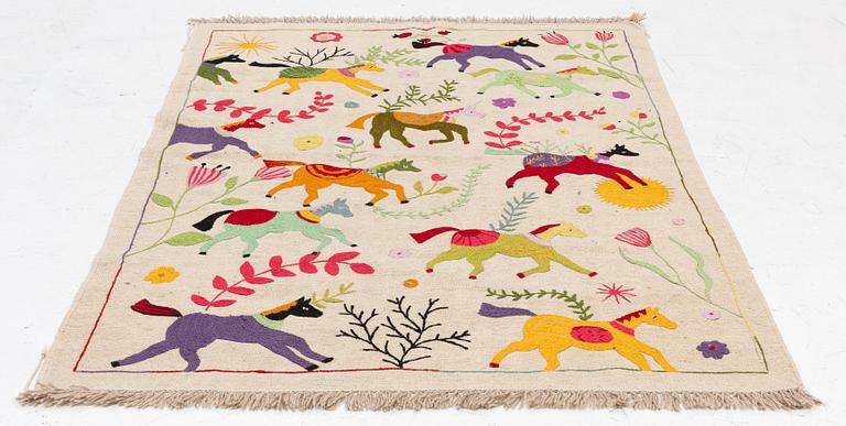 A hand-embroidered Kelim carpet, c. 208 x 150 cm.