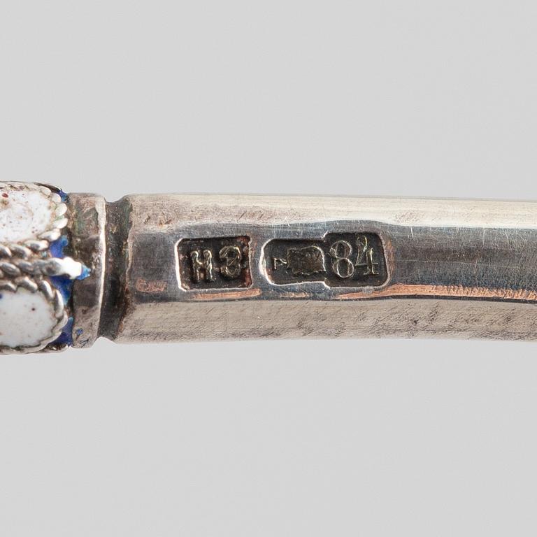A Russian silver and enamel spoon, Moscow, 1908-26.