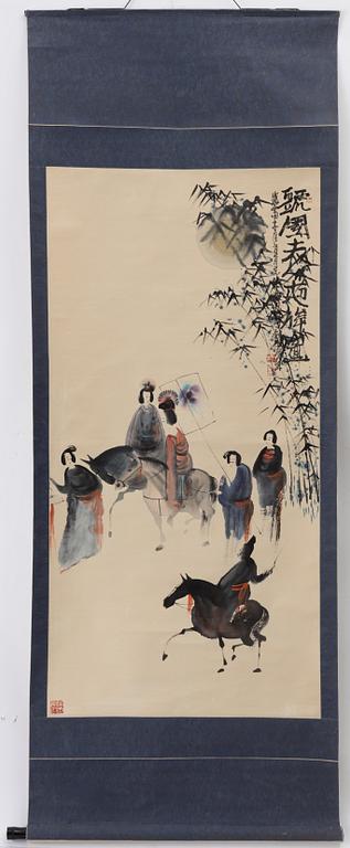 Peng Xiacheng, hans art, Figurscen med eleganta damer och ryttare, daterad 1996.