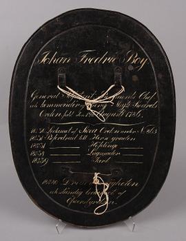 VAPENSKÖLD, bemålad plåt, Sverige, 1800-talets mitt.