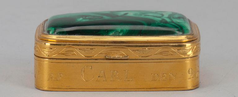 DOSA, malakit samt förgylld mässing, dat. 1850.