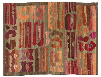 480. Alice Lund, A TAPESTRY. Flat weave with soumak technique. 128  x 167 cm. Signed AL and embroidered AL _ SW 1962 at the lining.