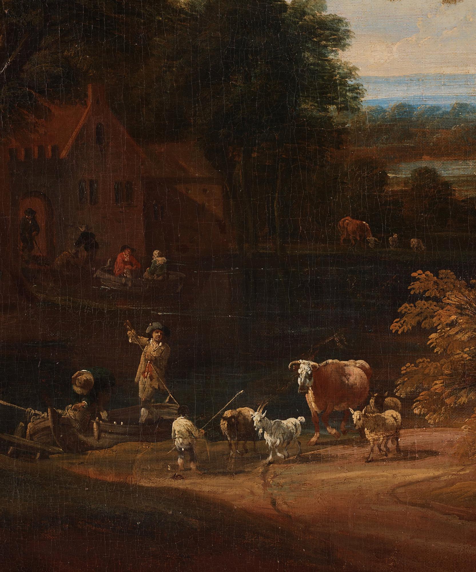 Gaspar de Witte Hans krets, Vidsträckta landskap med figurer vid by, ett par.