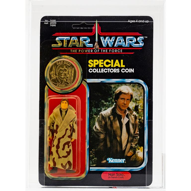 STAR WARS, Han Solo (in trench coat), POTF 92 back,  AFA 80 Y/NM, Kenner 1985.