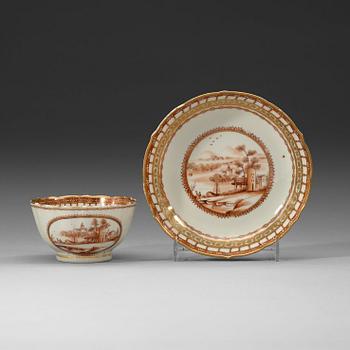 A red and gold "European subject" cup with saucer, Qing dynasty, Qianlong (1736-95).