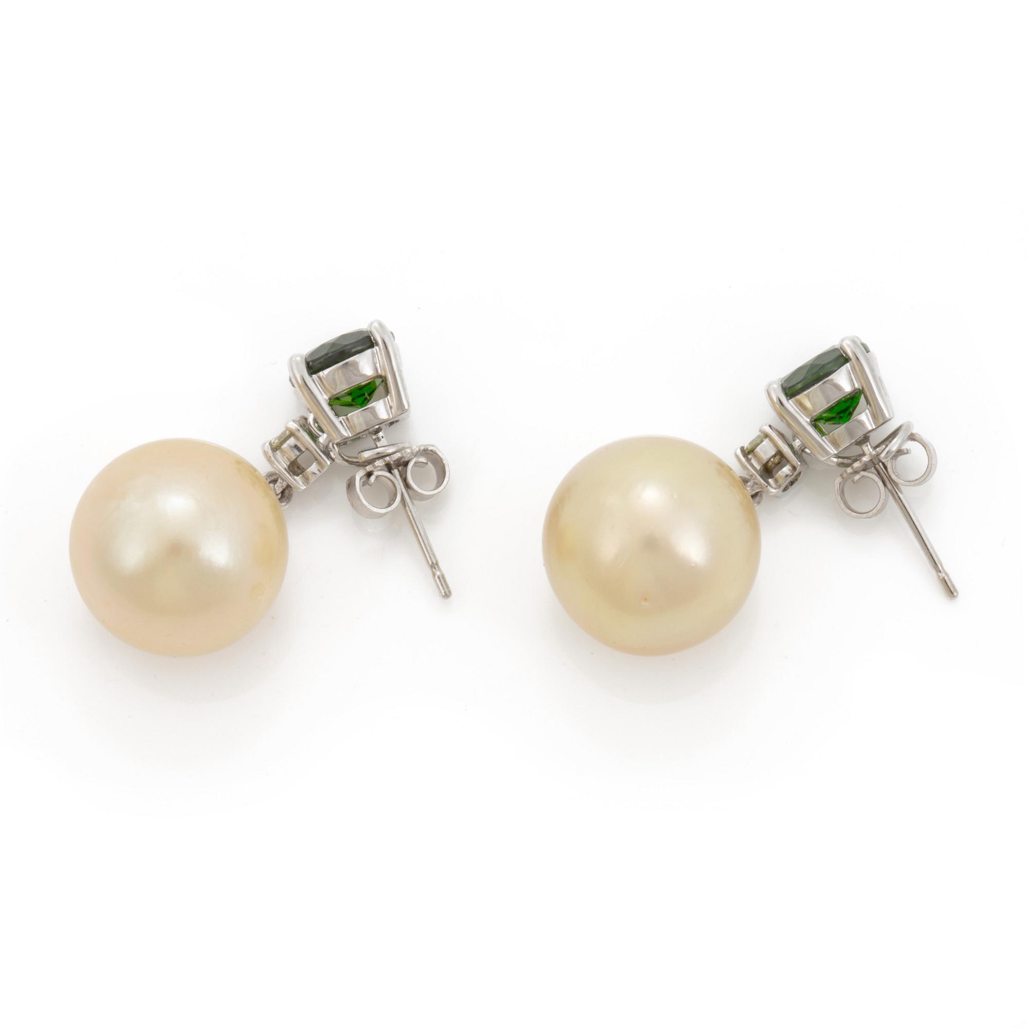 A pait of diposide, diamond and cultured South Sea pearl earrings, signed Max Prus.
