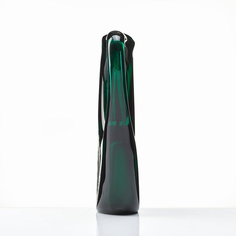 Giorgio Ferro, an oval, green glass vase, "Anse volante", A.VE.M (Arte Vetraria Muranese), Italy 1950's.