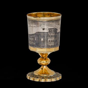 A Russian silver-gilt and niello vodka-cup, makers mark probably of Ivan Sujew, Wologda 1840's.