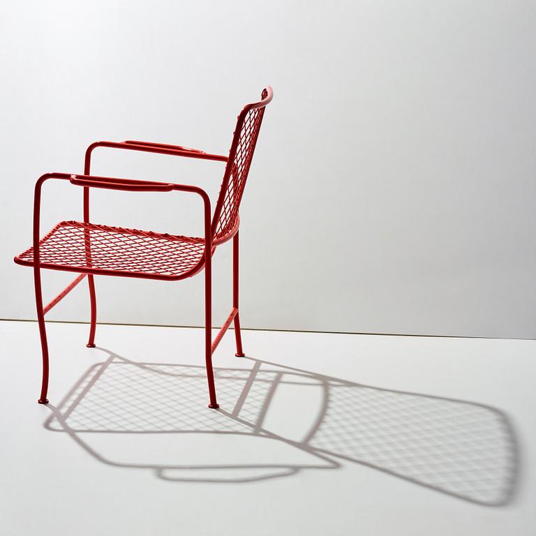 JOSEF FRANK, a set of four steel garden chairs, model 591, lacquered in red, Firma Svenskt Tenn.