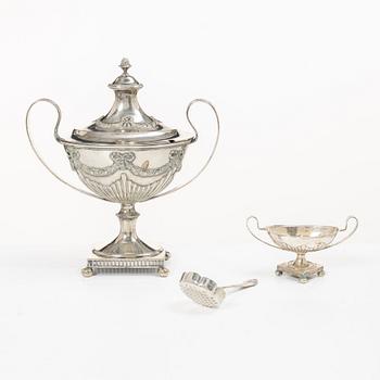 Sugar bowl, sugar spoon and salt cellar, silver, CG Hallberg and GAB, Stockholm, 1899–1917.