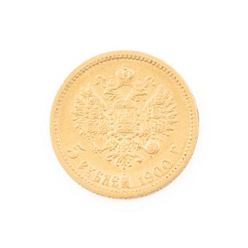 Gold coin, Nicholas II, Russia, 5 Rubles, 1900.
