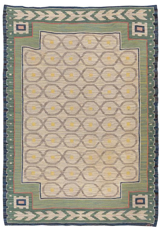 A carpet, flat weave, c. 340 x 246 cm, signed JBV (Johanna Brunssons Vävskola).