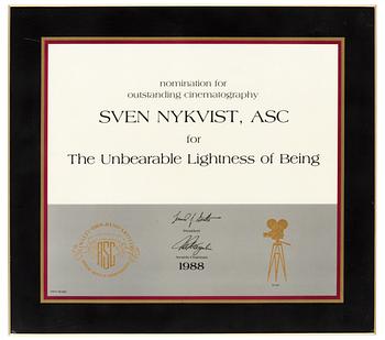 46. NOMINERINGSPLAKETT, American Society of Cinematographers. 1988.