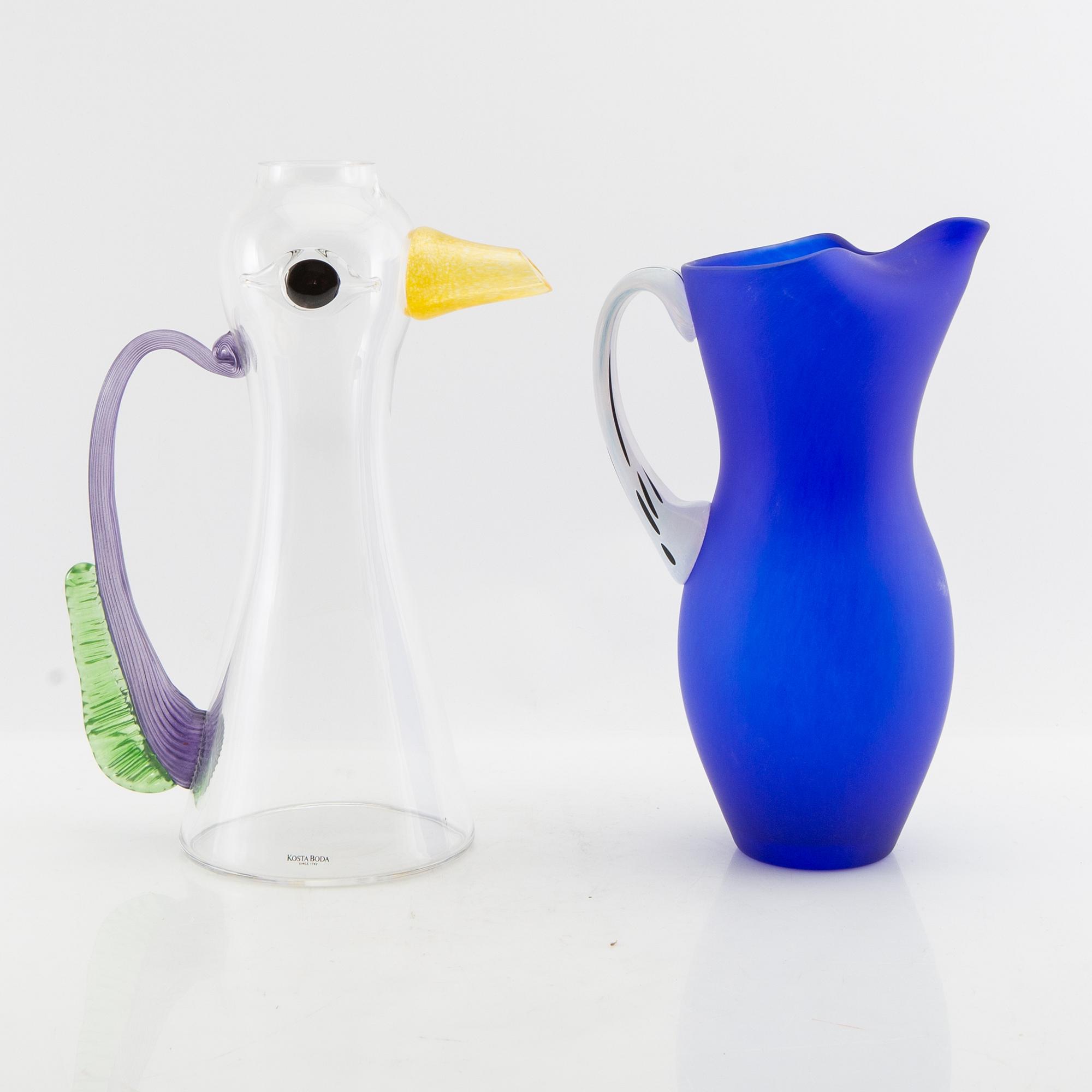 Kjell Engman and Gunnel Sahlin carafes 2 pcs Kosta Boda late 20th century.