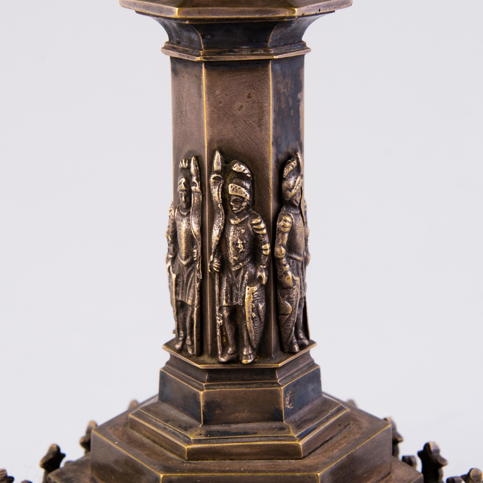 OIL LAMP, gothique style, late 19th century, silvered bronze with red glas holder.