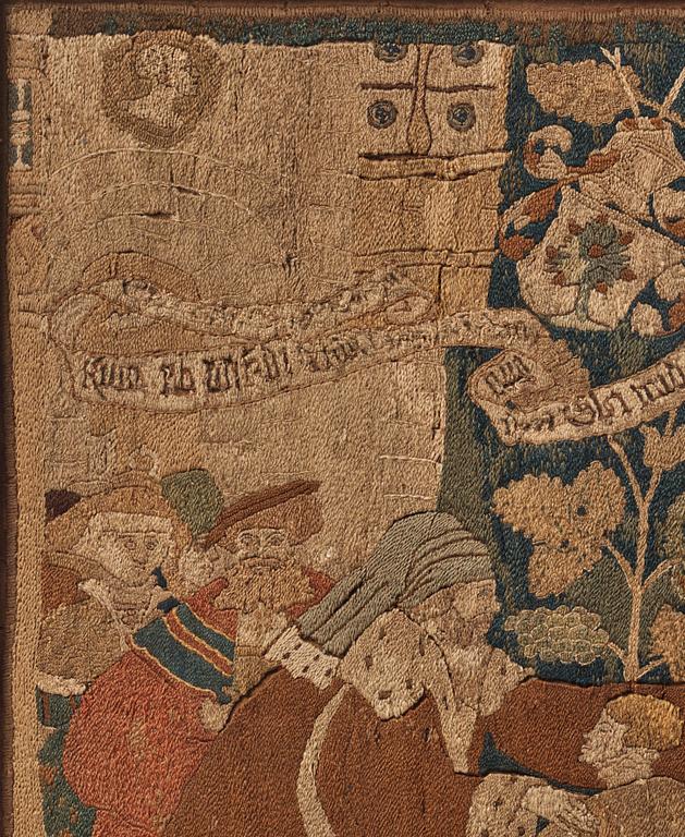 An embroidered framed fragment of a Swiss table carpet, first half of the 16th century.