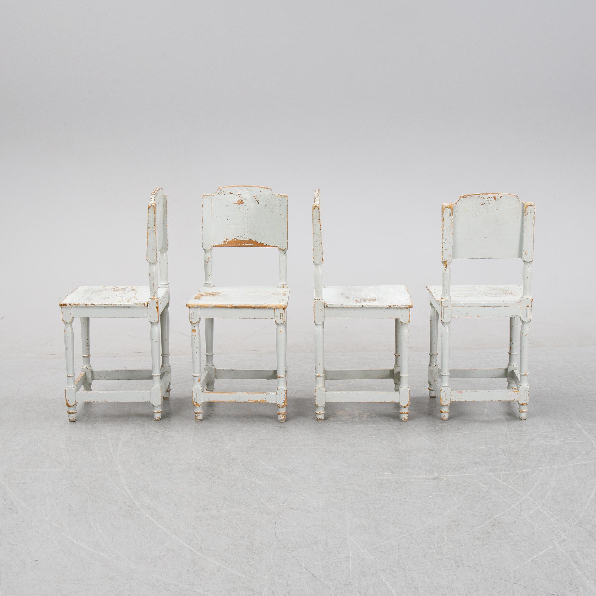 Four painte pine chairs, 19th Century.