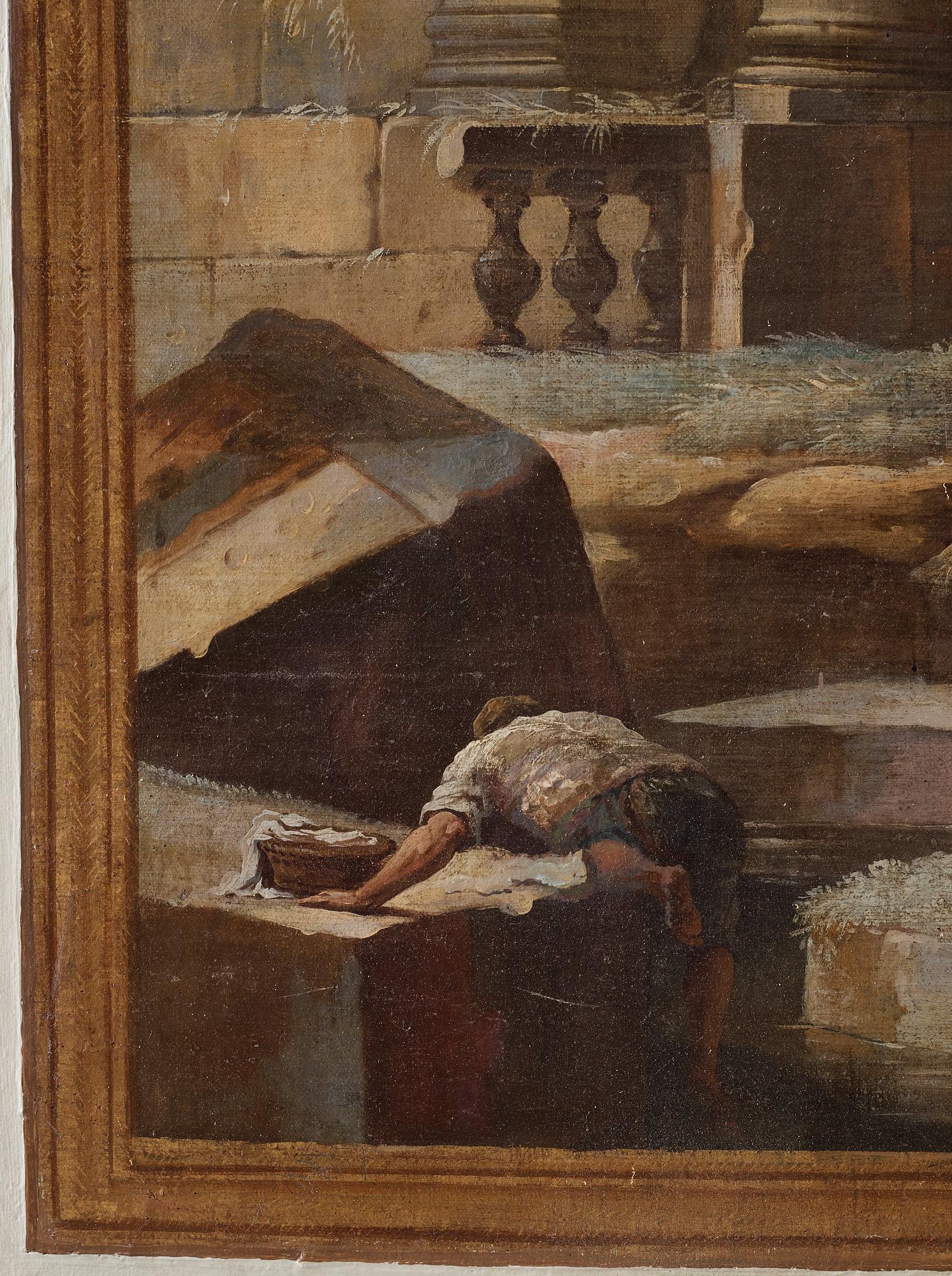 Johan Pasch Tillskriven, Väggfält. Ruinlandskap rastande soldater och figurer vid brunn.