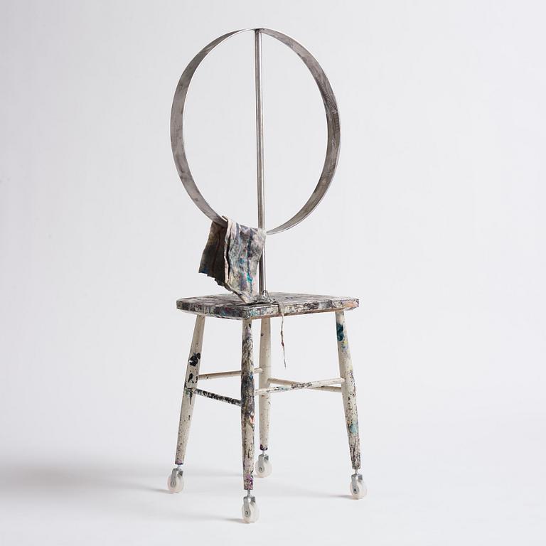 Viktor Rosdahl, executed in 2014. Aluminium, stool, cloth, wheels.