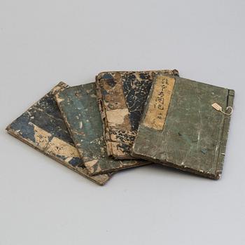 Four Japanese colour woodblock printed books with illustrations, first half of the 19th century.