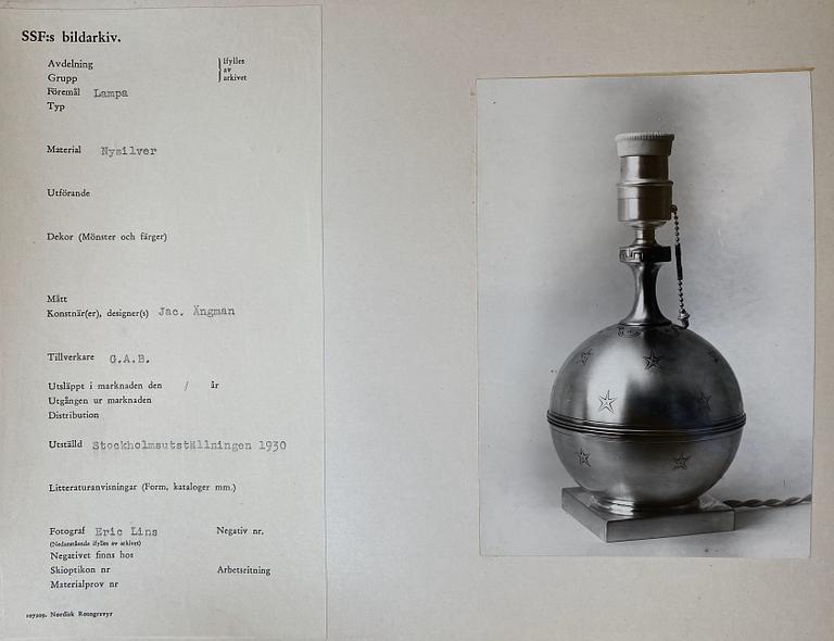 Jacob Ängman, a rare table lamp, Guldsmedsaktiebolaget, Stockholm, ca. 1930.