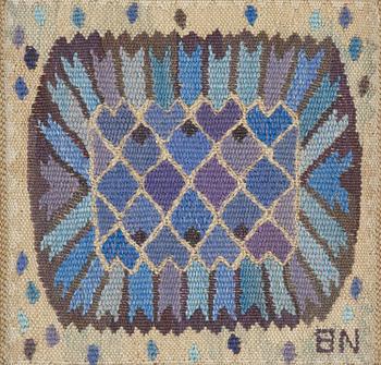 227A. Barbro Nilsson, a 'Nejlikan, blå' textil, c. 20,5 x 22 cm, signed BN.