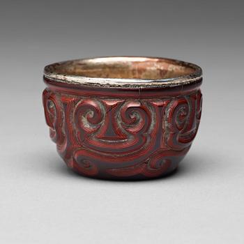 A 'Guri' lacquer silver mounted cup, Qing dynasty, 18th Century or older.