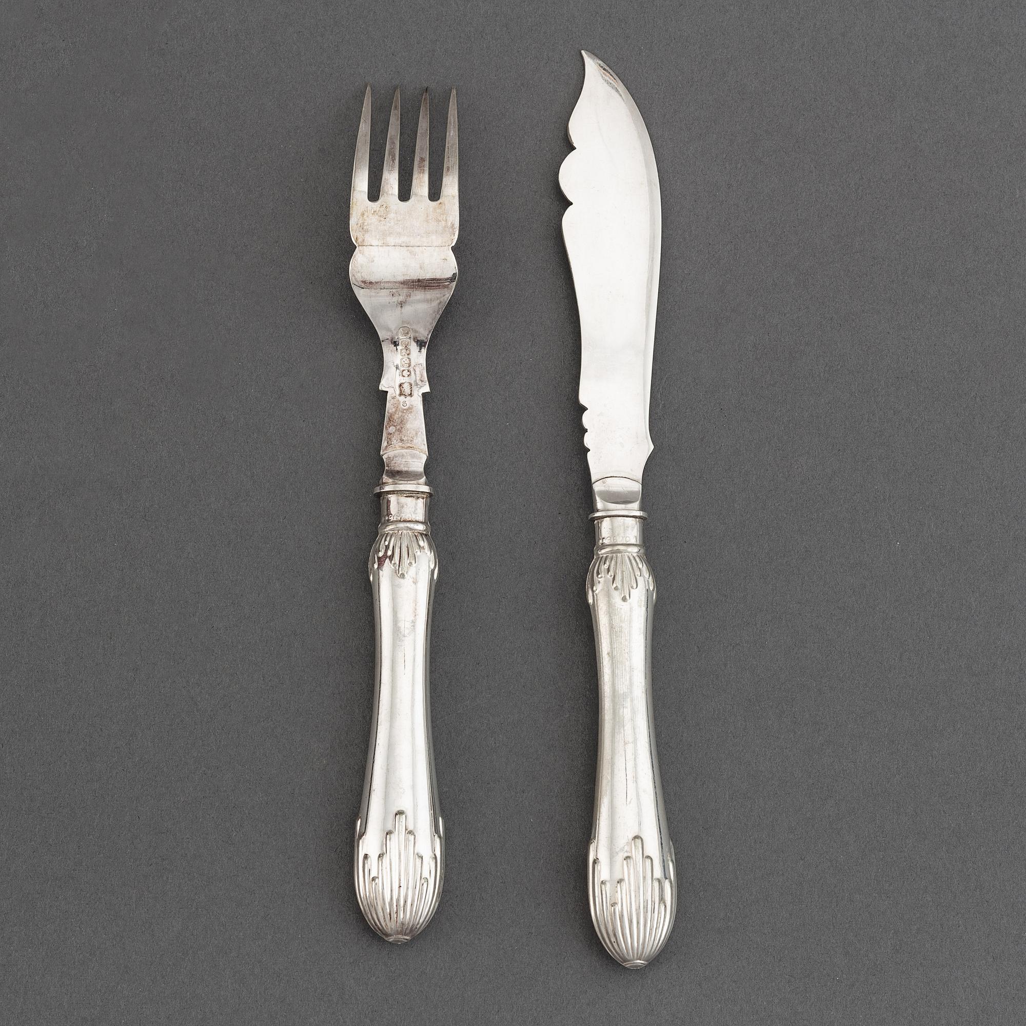 Fiskbestick, 24 st, nysilver, England, 1900-tal.