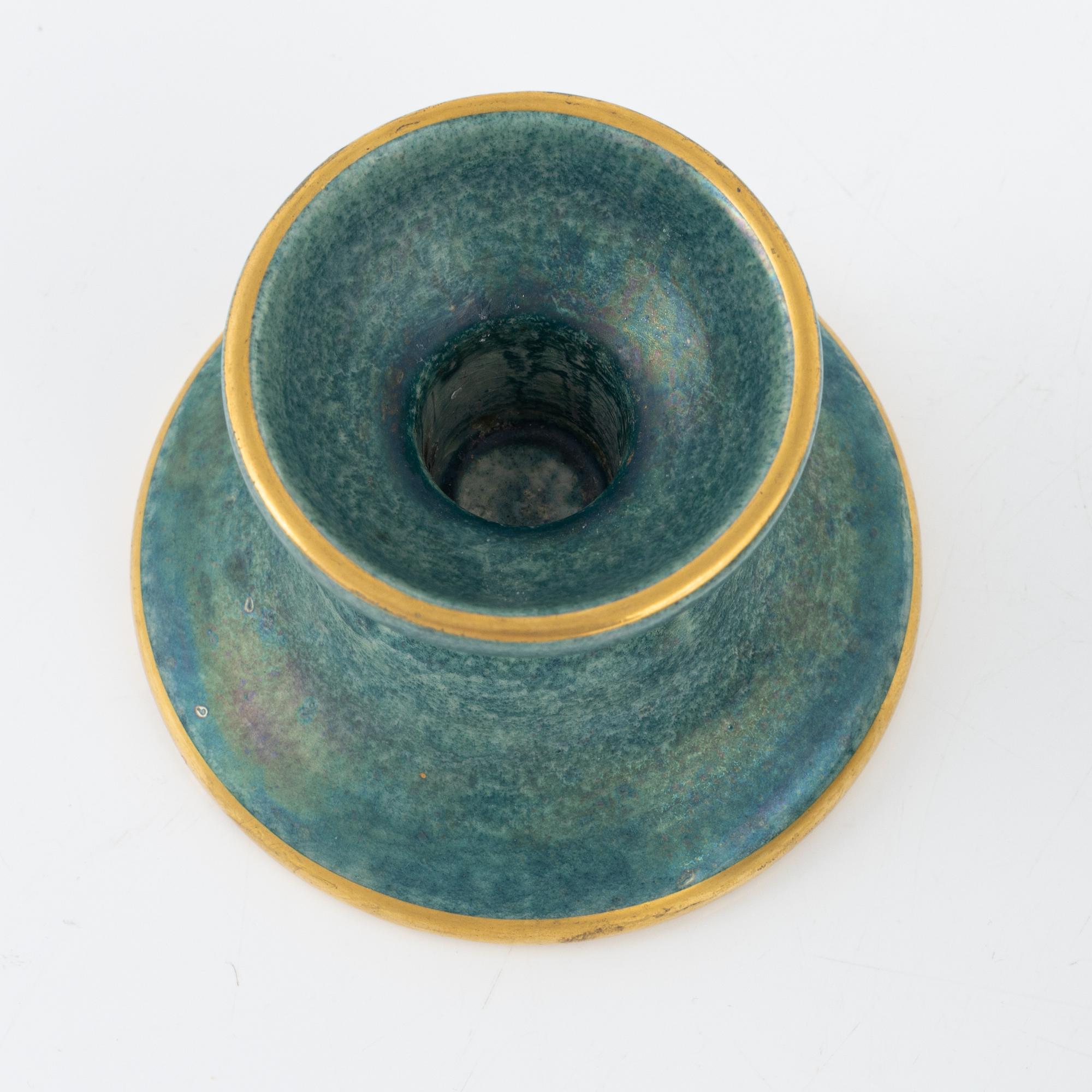 Josef Ekberg, skål och ljusstake, flintgods, Gustavsberg, 1920/1930-tal.