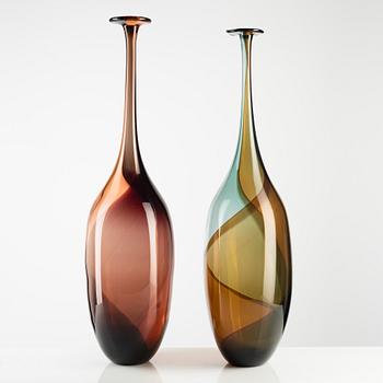 Kjell Engman, five "Fidji" glass vases, Kosta Boda, Sweden, two are limited edition.