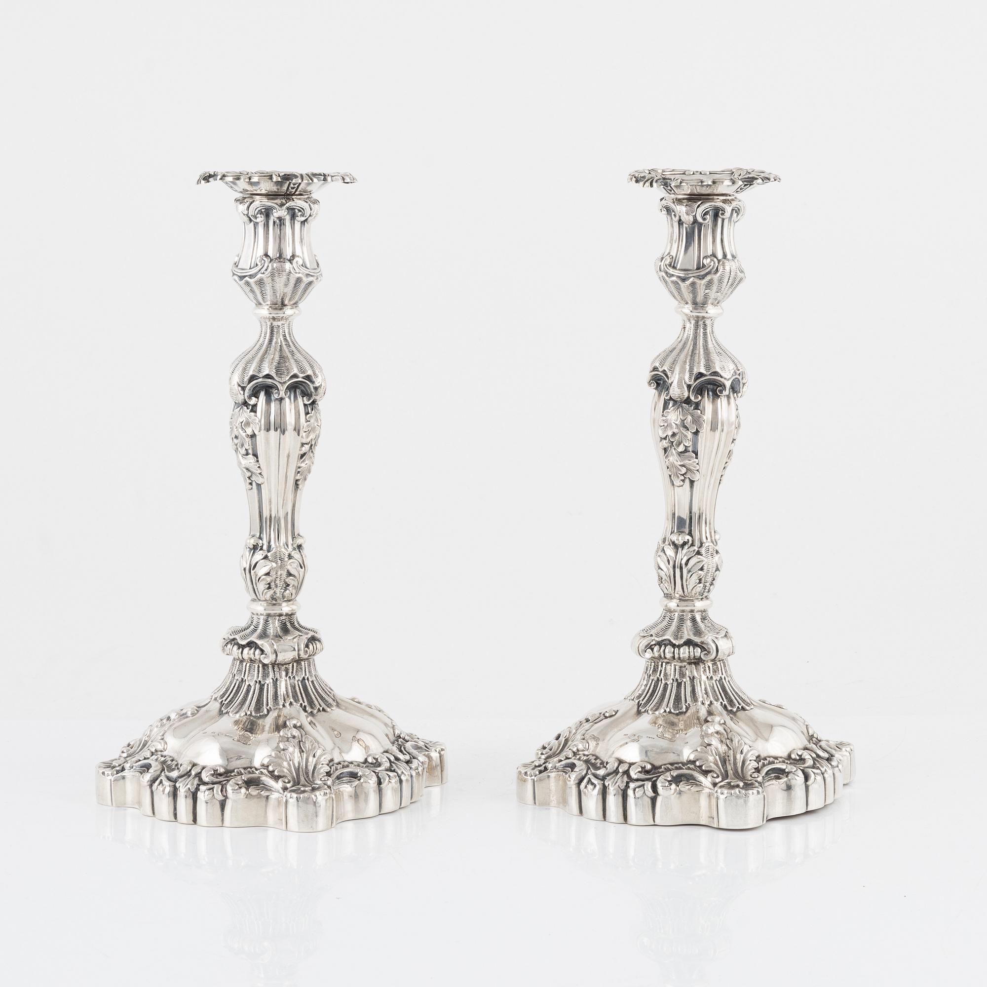 Gustaf Möllenborg, a pair of neo-Rococo silver candlesticks, Stockholm, 1844.